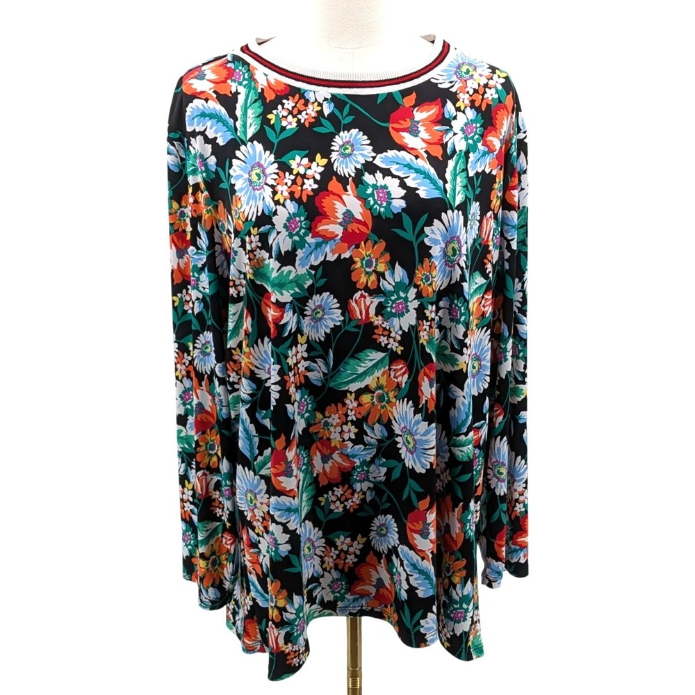 Susan Graver Floral Tunic Top XL Black Multicolor Striped Trim Long Sleeve